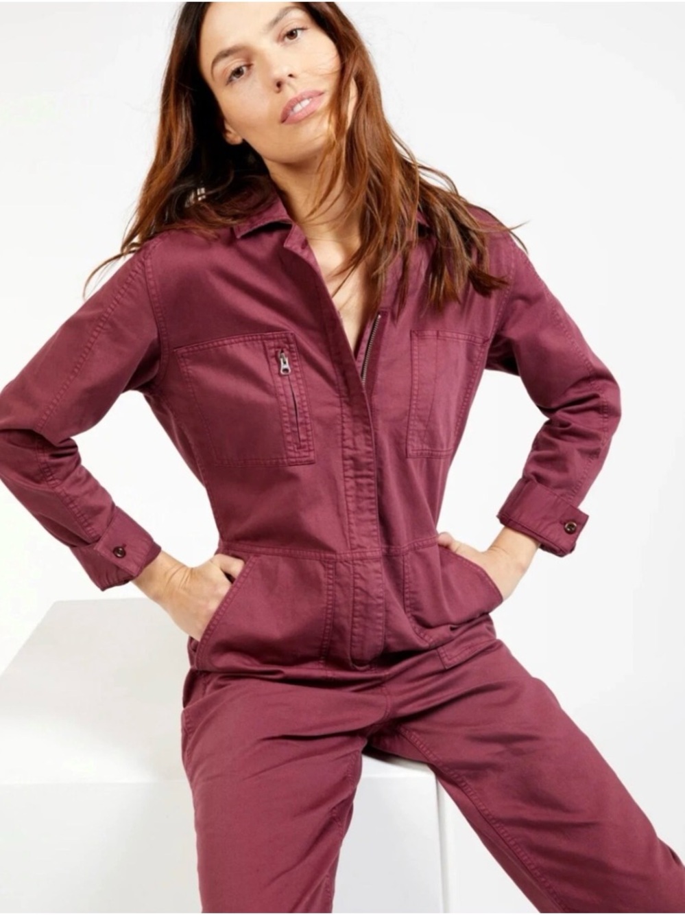 NWT Outerknown Utility Jumpsuit Small Plum Workwear One Piece Long Sleeve